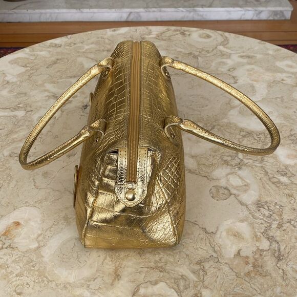 Claudia Firenze Italian Metallic Gold Croc Embossed Dual Handle Satchel Bag - Picture 4 of 14